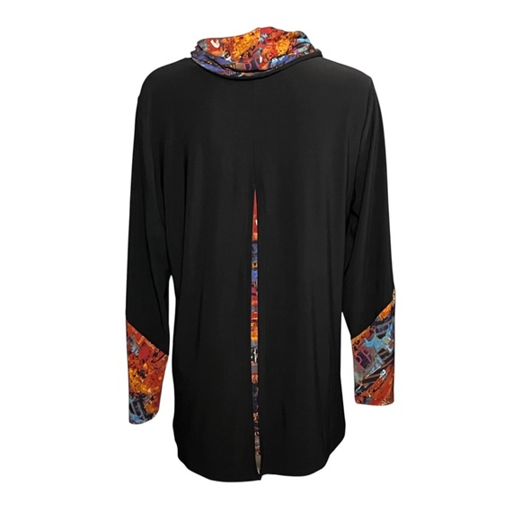 Ali Miles Slinky Black Tunic Top Size Large Colorful Trim Cowl Neck Lagenlook - Picture 2 of 9